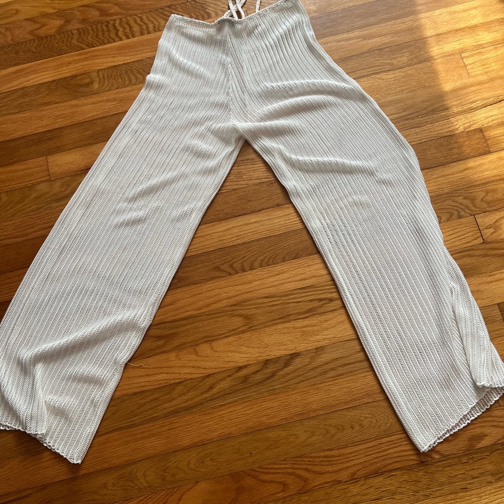 White Ribbed Wide-Leg Pants - Picture 3 of 4